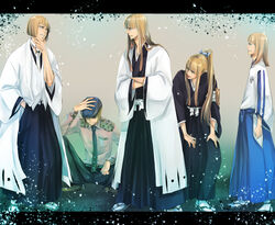  ai_(ai1470) bleach blonde_hair grin hand_on_own_chin haori hat highres hirako_shinji japanese_clothes male male_focus multiple_persona necktie ponytail scarf short_hair smile squatting standing taichou_haori tongue young younger 