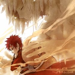  1boy 2012 2013 character_name closed_eyes dated facial_mark fingerless_gloves gaara gloves gourd happy_birthday lowres male male_focus naruto red_hair sand short_hair solo yosakuh 