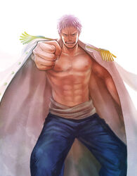  1boy jacket_on_shoulders kito0889 male male_focus marine military military_uniform muscle one_piece one_piece_film_z pixiv_thumbnail purple_hair resized solo sunglasses topless uniform young younger zephyr_(z) 