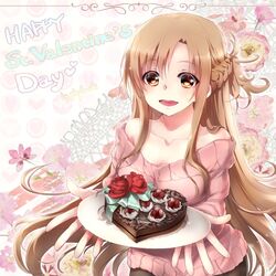  asuna_(sao) bad_id bad_pixiv_id bare_shoulders braid brown_eyes brown_hair cake female food happy_valentine heart-shaped_cake heart-shaped_food long_hair off-shoulder_sweater off_shoulder playback sweater sword_art_online valentine 