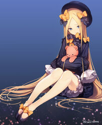  abigail_williams_(fate) bare_legs black_bow black_dress black_hat blonde_hair blue_eyes bow dress fate/grand_order fate_(series) female hairbow hat jam8686 long_hair long_sleeves looking_at_viewer mary_janes orange_bow shoes sleeves_past_fingers sleeves_past_wrists solo stuffed_animal stuffed_toy teddy_bear twitter_username very_long_hair 