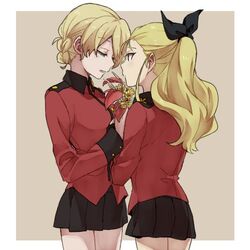  2girls assam_(girls_und_panzer) black_skirt border braid closed_eyes commentary_request darjeeling_(girls_und_panzer) epaulettes flower flower_request french_braid girls_und_panzer hair_over_one_eye jacket long_hair long_sleeves miniskirt multiple_girls outside_border pleated_skirt ponytail red_jacket ree_(re-19) skirt spathiphyllum st._gloriana&#039;s_military_uniform tan_background white_border yuri 