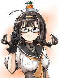  adjusting_eyewear ahoge akizuki_(kancolle) akizuki_ritsuko akizuki_ritsuko_(cosplay) alternate_hairstyle antenna_hair bespectacled black_gloves black_hair blue_eyes blush braid breasts commentary_request corset cosplay female food fruit glasses gloves hachimaki hair_ornament hairband headband idolmaster idolmaster_(classic) kamelie kantai_collection long_hair look-alike looking_at_viewer medium_breasts name_connection neckerchief object_on_head one-hour_drawing_challenge pineapple school_uniform semi-rimless_eyewear serafuku short_sleeves smile solo twin_braids twintails under-rim_eyewear upper_body 