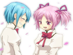  2girls bad_id bad_pixiv_id blue_hair closed_eyes grin kaname_madoka komeichou-69 mahou_shoujo_madoka_magica mahou_shoujo_madoka_magica_(anime) miki_sayaka mitakihara_school_uniform multiple_girls open_mouth petals pink_eyes pink_hair ribbon school_uniform short_hair smile twintails upper_body 