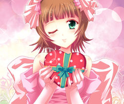  amami_haruka bare_shoulders brown_hair commentary female gift green_eyes heart holding holding_gift idolmaster idolmaster_(classic) one_eye_closed photoshop_(medium) ryusei2u short_hair solo 