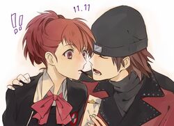  ! !! 1boy aragaki_shinjirou beanie black_headwear bow bowtie brown_hair closed_eyes coat couple female food gekkoukan_high_school_uniform hand_on_another&#039;s_shoulder hat open_mouth persona persona_3 persona_3_portable pocky pocky_kiss red_bow red_bowtie red_eyes ribbon school_uniform shared_food shiomi_kotone shiro96 straight trench_coat wing_collar 