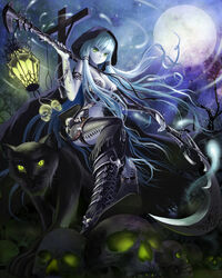  absurdres aqua_hair armband bad_id bad_pixiv_id bare_shoulders bare_tree belt between_breasts black_footwear black_nails black_panther book boots breasts carrying carrying_over_shoulder cloak cross-laced_footwear death_(entity) death_(tarot) elbow_gloves female fingerless_gloves fringe_trim full_moon gallows gloves glowing green_eyes grim_reaper highres hitodama hood hooded_cloak key keyring lantern large_breasts long_hair looking_at_viewer moon nail_polish night night_sky noose original ost02 pale_skin photoshop_(medium) revealing_clothes rope scythe single_glove skull sky smile solo strap_between_breasts tarot tarot_(card) tattoo thigh_strap tree twintails very_long_hair 