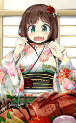  blush brown_hair commentary_request female fish_(food) food green_eyes idolmaster idolmaster_cinderella_girls japanese_clothes kimono maekawa_miku oerba_yun_fang open_mouth osechi photoshop_(medium) rakkogawa_rinro sashimi short_hair solo 