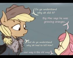  2015 accessory apple_bloom_(mlp) applejack_(mlp) black_bars blonde_hair bow_(feature) bow_accessory bow_ribbon centered_hair_bow clothed clothing cowboy_hat dialogue duo earth_pony english_text equid equine female feral friendship_is_magic fur furred_clothing game_of_thrones grey_background hair hair_accessory hair_ribbon hairbow hasbro hat headgear headwear horse letterbox low_res mammal my_little_pony ned_stark ponegranate pony red_hair ribbons robb_stark sibling_(lore) simple_background sister_(lore) sisters_(lore) text yellow_body yellow_fur 