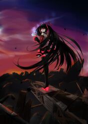  absurdres black_hair black_thighhighs commentary_request detached_sleeves female from_behind highres looking_back red_eyes ruins skirt solo tears thighhighs tuzki twintails vocaloid zatsune_miku 