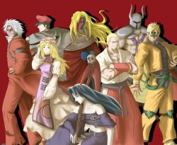  2girls 6+boys arc_system_works blonde_hair capcom crossover dio_brando fatal_fury female geese_howard gill guilty_gear heart king_of_fighters kof looking_at_viewer m_bison male multiple_boys multiple_girls red_background rugal_bernstein simple_background snk street_fighter testament testament_(guilty_gear) touhou vega yakumo_yukari 