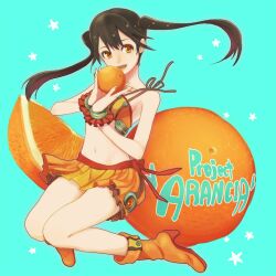  arancia black_hair boots commentary_request female food fruit gecco_knight long_hair midriff miniskirt navel orange_(fruit) orange_eyes orange_skirt original skirt solo twintails 