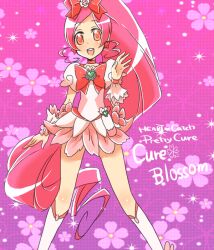  bad_id bad_pixiv_id boots bow brooch character_name choker copyright_name cure_blossom female floral_background hanasaki_tsubomi heart heart_brooch heartcatch_precure! high_ponytail jewelry knee_boots long_hair magical_girl pink_background pink_bow pink_choker pink_eyes pink_hair pink_theme ponytail precure ribbon smile solo wrist_cuffs yawaragi 