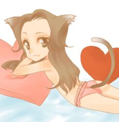  animal_ears brown_eyes brown_hair cat_ears cat_tail female konami long_hair lowres lying metal_gear metal_gear_(series) metal_gear_solid metal_gear_solid_4 naomi_hunter naomism panties pillow shirtless solo tail topless underwear 