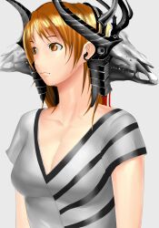  bad_id bad_pixiv_id breasts cleavage female headphones long_hair medium_breasts orange_eyes orange_hair original shijima_(tanfn) simple_background skull solo 