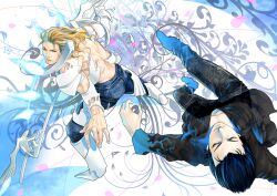  2boys armor bad_id bad_pixiv_id black_hair blonde_hair blue_eyes denim el_shaddai enoch jeans lucifel_(el_shaddai) male_focus multiple_boys pants red_eyes veszely weapon 