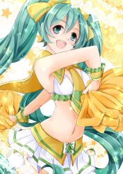  absurdres aqua_eyes aqua_hair between_breasts bikini bikini_top_only blush breasts cheerleader commentary_request female frills hatsune_miku hazuki_natsu highres long_hair midriff navel necktie open_mouth photoshop_(medium) pom_pom_(cheerleading) skirt smile solo swimsuit twintails very_long_hair vocaloid wristband 