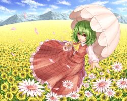  ascot blue_sky cloud commentary_request day falling_petals female field flower flower_field frilled_ascot frilled_skirt frills full_body garden_of_the_sun green_hair hair_between_eyes highres holding holding_umbrella horizon kazami_yuuka landscape long_skirt long_sleeves looking_at_viewer mountain outdoors parasol parted_lips petals plaid plaid_skirt plaid_vest red_eyes red_skirt red_vest scenery shirt short_hair skirt skirt_set sky smile solo sunflower sunflower_field touhou umbrella vest wasabichan white_flower white_shirt white_umbrella yellow_ascot yellow_flower 