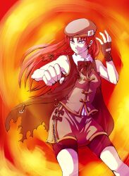  absurdres adapted_costume alternate_eye_color beret bow braid clenched_hand commentary_request female fingerless_gloves fire gloves grey_eyes hairbow hat highres hong_meiling long_hair parano red_hair red_theme skirt solo star_(symbol) torn_clothes touhou twin_braids zipper 