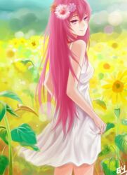  dress female field flower hair_flower hair_ornament just_be_friends_(vocaloid) long_hair looking_back megurine_luka silverwing smile solo sundress very_long_hair vocaloid 