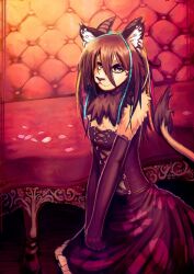  amber_eyes anokorok clothed clothing crossdressing dress ear_piercing looking_at_viewer male petals piercing ribbons solo standing unknown_species 