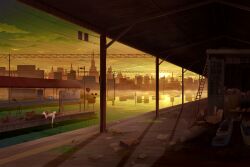  1boy bad_id bad_pixiv_id cityscape cloud dusk flood fog highres junk ladder lying male_focus on_back original railroad_signal reflection scenery shadow sky skyline solo star_(sky) sunset telescope toshiyu_(10shi_yu) train_station umbrella vending_machine water 