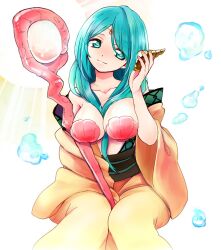  aqua_eyes aqua_hair bad_id bad_pixiv_id bare_shoulders breasts female front_ponytail large_breasts long_hair magi_the_labyrinth_of_magic no_headwear omari seashell shell shell_bikini shell_to_ear solo staff yamuraiha 