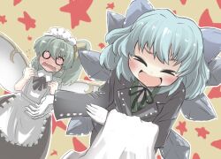  &gt;_&lt; 2girls :d alternate_costume apron blue_hair blush bow bowing butler cirno closed_eyes commentary_request daiyousei embarrassed enmaided fairy_wings female_butler formal gaoo_(frpjx283) gloves green_hair hairbow large_bow maid maid_headdress multiple_girls o_o open_mouth ribbon short_hair side_ponytail smile star_(symbol) touhou towel wavy_mouth wings xd 