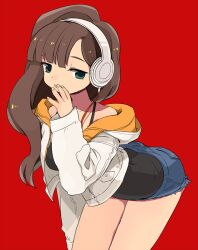  bad_id bad_pixiv_id blue_eyes blue_shorts brown_hair cutoffs dadami denim denim_shorts female headphones jacket long_hair off_shoulder sacred_seven short_shorts shorts simple_background solo sp_(sacred_seven) tank_top wavy_hair 