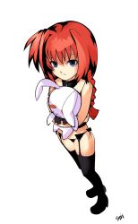  black_thighhighs blue_eyes braid female full_body garter_belt highres lyrical_nanoha mahou_shoujo_lyrical_nanoha_strikers noroi_usagi original photoshop_(medium) red_hair rollcake simple_background solo stuffed_animal stuffed_rabbit stuffed_toy thighhighs vita_(nanoha) 