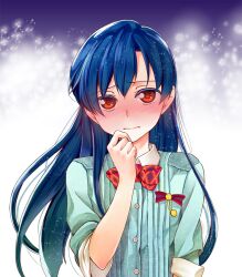  ayasugi_tsubaki blue_hair blush bow bowtie commentary_request female idolmaster idolmaster_(classic) kisaragi_chihaya photoshop_(medium) red_eyes solo 