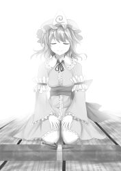  absurdres bunchou_(bunchou3103) closed_eyes commentary_request female flower greyscale highres monochrome saigyouji_yuyuko seiza short_hair sitting smile solo tatami touhou triangular_headpiece 