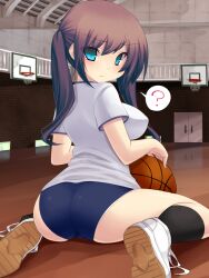  ? ass bad_id bad_pixiv_id ball basketball_(object) basketball_hoop black_socks blue_buruma blue_eyes blush brown_hair buruma female from_behind frown gradient_hair gym gym_uniform impossible_clothes impossible_shirt long_hair looking_back multicolored_hair original panties shirt shoes sitting socks solo speech_bubble tsukumiya_amane tsurime twintails underwear wariza wavy_mouth white_panties 