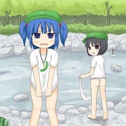  2girls ass bad_id bad_pixiv_id black_hair blue_eyes blue_hair blush bottomless cucumber extra food fruit fundoshi hair_bobbles hair_ornament hat japanese_clothes jewelry kawashiro_nitori key kimineri multiple_girls no_pants open_mouth pendant shirt_tug short_hair touhou two_side_up watermelon 