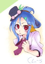  absurdres alternate_hairstyle animal_ears bad_id bad_pixiv_id blue_hair blush female hair_ornament hair_up hairclip hands hat highres hinanawi_tenshi long_hair looking_at_viewer mini_hat musupon214 red_eyes simple_background solo touhou upper_body 