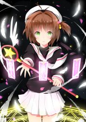  brown_hair cardcaptor_sakura cloud_(clow_card) clow_card commentary_request female floating_card green_eyes hat highres hoshi_no_tsue kinomoto_sakura magic_circle magical_girl r_star sakura_card school_uniform serafuku solo sword_(clow_card) tomoeda_elementary_school_uniform twintails wand watery_(clow_card) white_hat 