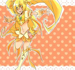  bad_id bad_pixiv_id blonde_hair boots bow brooch choker cure_sunshine female flower heart heart_background heart_brooch heartcatch_precure! jewelry knee_boots long_hair magical_girl midriff myoudouin_itsuki navel orange_background orange_choker orange_skirt orange_theme polka_dot polka_dot_background precure ribbon skirt solo twintails yawaragi yellow_bow yellow_eyes 