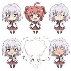  3girls :d ahoge akaza_akari akkari~n blood blush_stickers chibi closed_eyes commentary_request disappearance_outline dotted_line double_bun drooling glasses green_eyes hair_bun holding holding_removed_eyewear ikeda_chitose ikeda_chizuru mameshiba_(pixiv_59310) multiple_girls nanamori_school_uniform nosebleed open_mouth outline photoshop_(medium) purple_eyes red_hair saliva school_uniform serafuku siblings simple_background smile twins unworn_eyewear white_hair yuru_yuri 