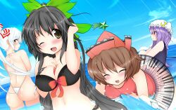  4girls ass bad_anatomy bakko bare_back bare_shoulders between_breasts bikini black_bikini black_hair blush breasts brown_eyes brown_hair cleavage closed_eyes commentary_request front-tie_top fujiwara_no_mokou hat highres large_breasts long_hair lyrica_prismriver multiple_girls one-piece_swimsuit one_eye_closed patchouli_knowledge purple_hair reiuji_utsuho swimsuit third_eye touhou upper_body very_long_hair white_hair 