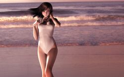  3d beach brown_hair casual_one-piece_swimsuit commentary_request female highres hinemaru one-piece_swimsuit original solo swimsuit water 