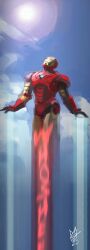  1boy agathe armor commentary_request english_text flying iron_man male_focus marvel mecha photoshop_(medium) power_armor robot signature sky solo sun tony_stark 