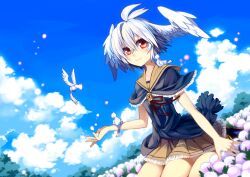  bird blue_hair blue_sky cloud commentary_request day female flower frilled_skirt frills head_wings kaida_michi light_smile original shuni_(en@rain) sitting skirt sky solo wariza wings 