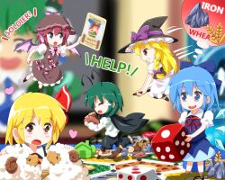  6+girls antennae blonde_hair blue_eyes blue_hair blush board_game broom broom_riding cape cirno commentary_request dice flying green_hair hat heart hong_meiling kirisame_marisa kochiya_sanae log mini_person minigirl multiple_girls mystia_lorelei pink_hair red_eyes rumia ruu_(tksymkw) settlers_of_catan sheep short_hair team_9_(touhou) tears television touhou wings witch_hat wriggle_nightbug 