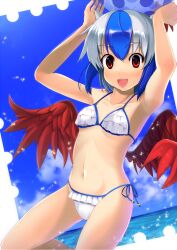  abs armpits bad_id bad_pixiv_id ball beachball bikini blue_hair cloud day female flat_chest frilled_bikini frills grey_hair head_wings highres hinami_(hinatamizu) horns multicolored_hair navel ocean red_eyes red_wings short_hair side-tie_bikini_bottom single_head_wing smile solo swimsuit tokiko_(touhou) touhou two-tone_hair water wings 