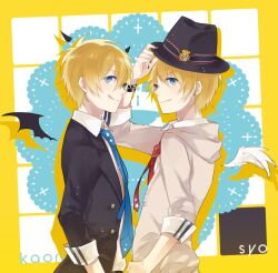  2boys blonde_hair blue_eyes commentary_request dual_persona earrings hat jewelry kurusu_shou male_focus multiple_boys nail_polish necktie photoshop_(medium) tian_daoling tongue uta_no_prince-sama wings 