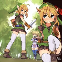  1boy backpack bag blonde_hair blue_eyes commentary_request female genderswap_(mtf) hammer hat key kneepits link mikumikudance otoko_no_ko ponytail red_eyes rule_63 sheik shield skirt smile surcoat sword tabard the_legend_of_zelda thighhighs weapon yajiro_masaru 