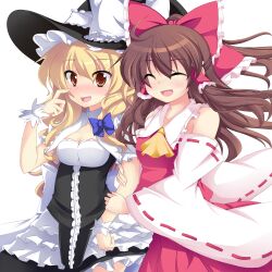  2girls arm_hug ascot bad_id bad_pixiv_id bare_shoulders blonde_hair blush bow breasts brown_hair cleavage cleavage_cutout closed_eyes clothing_cutout commentary_request curiosities_of_lotus_asia detached_sleeves hair_tubes hairbow hakurei_reimu hat kazami_chiu kirisame_marisa long_hair medium_breasts multiple_girls simple_background smile touhou upper_body witch_hat wrist_cuffs yuri 