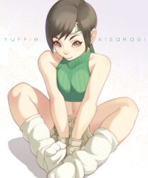  bad_id bad_pixiv_id bare_shoulders black_hair brown_eyes crop_top feet female final_fantasy final_fantasy_vii halterneck headband lips loose_socks maou_alba midriff navel nose open_fly short_hair shorts sleeveless sleeveless_turtleneck socks solo turtleneck unzipped yuffie_kisaragi 