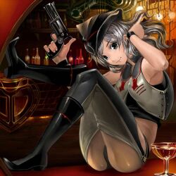  armpits ass bad_id bad_pixiv_id boots drink female grey_eyes grey_hair gun handgun hat midriff original panties pantyshot revolver shijima_(tanfn) sitting smile solo underwear weapon 