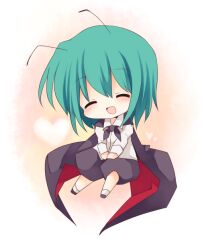  antennae bad_id bad_pixiv_id blush cape chibi closed_eyes female green_hair heart open_mouth short_hair smile solo touhou wriggle_nightbug yukimiya_(parupunta) 